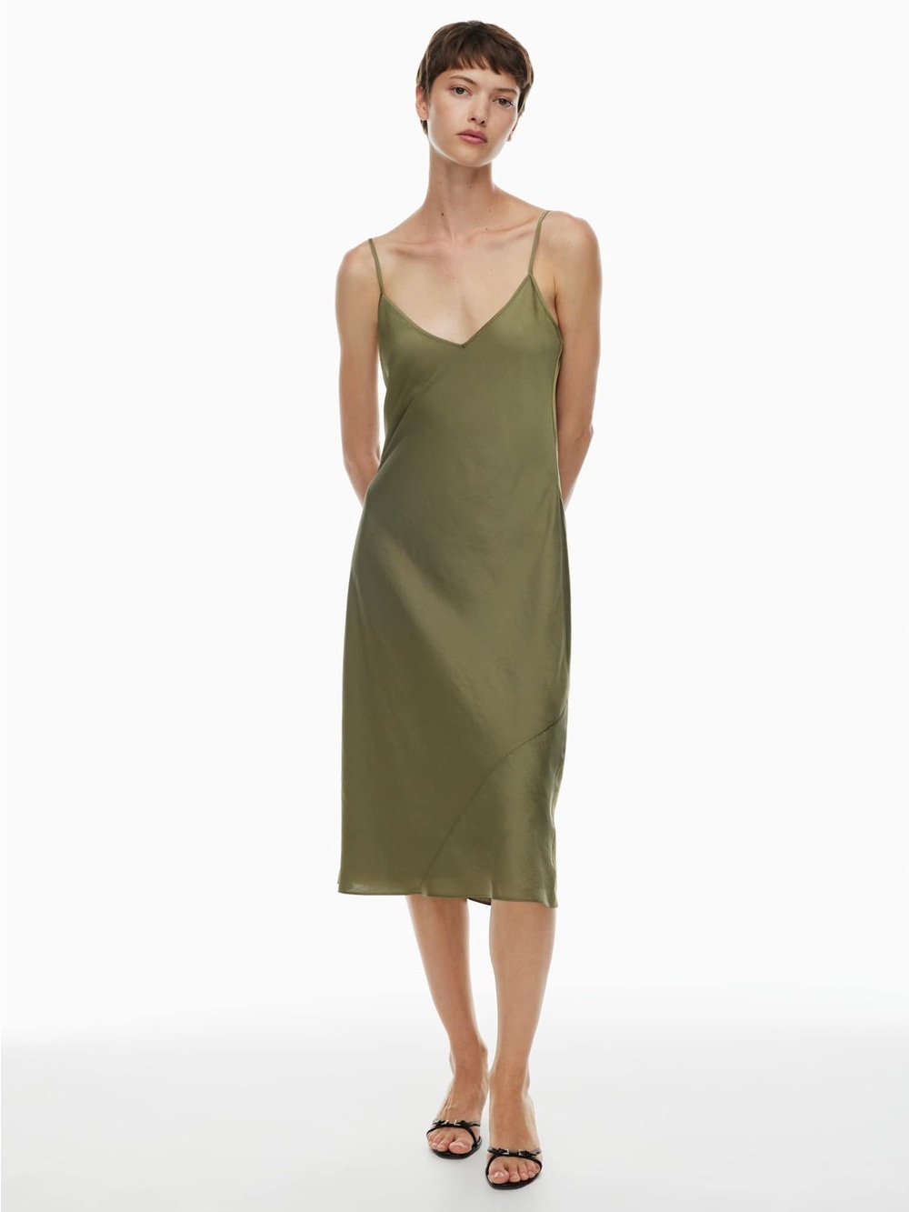 Wilfred Aritzia Olive Slip Satin Midi Dress with Spaghetti Straps
